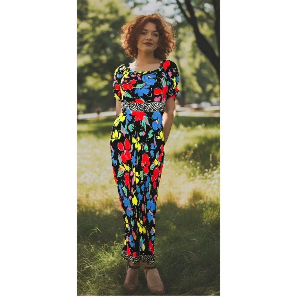 RIXO Maxi Dress Black Womens Size Small Floral Print Short Sleeve Contrast Belt